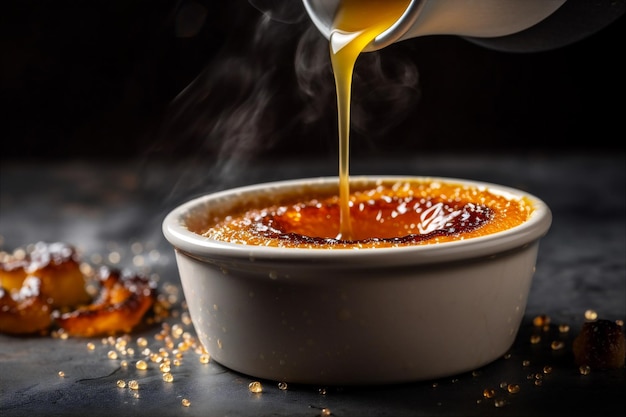 Bowl of silky smooth creme brulee with crisp caramelized sugar topping ai generated