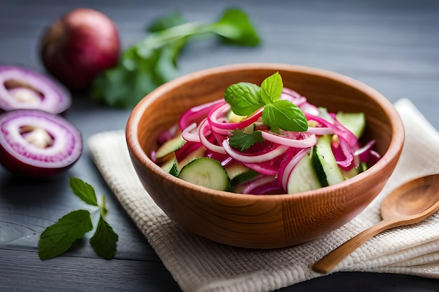 A bowl of sliced cucumbers with mint leaves on a wooden table.