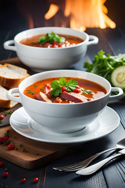 A bowl of smoked ham soup with bread on the table