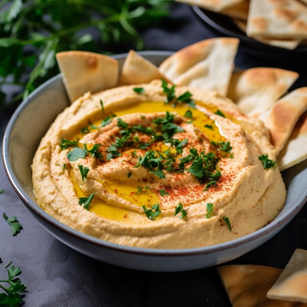 Foto una ciotola di hummus liscio coperto di paprika all'olio d'oliva e un po' di prezzemolo