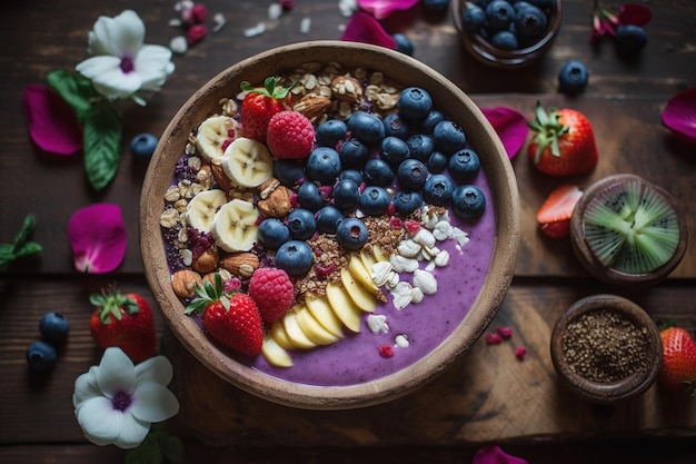 A bowl of smoothie with fruit and granola on a table
