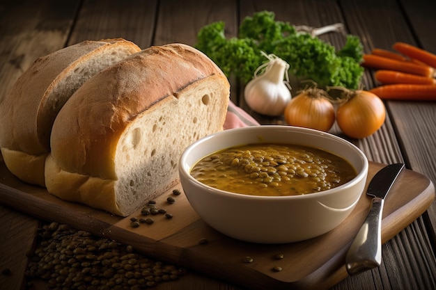 A bowl of soup next to a bowl of lentils and a bowl of lentils.