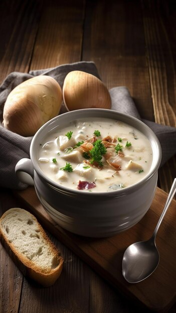 A bowl of soup on a cutting board with bread generative AI