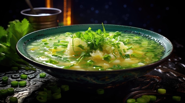 細かく切った緑の洋<unk>で飾られたスープの鉢 鮮やかな色彩を強調するために巧妙に設計された照明
