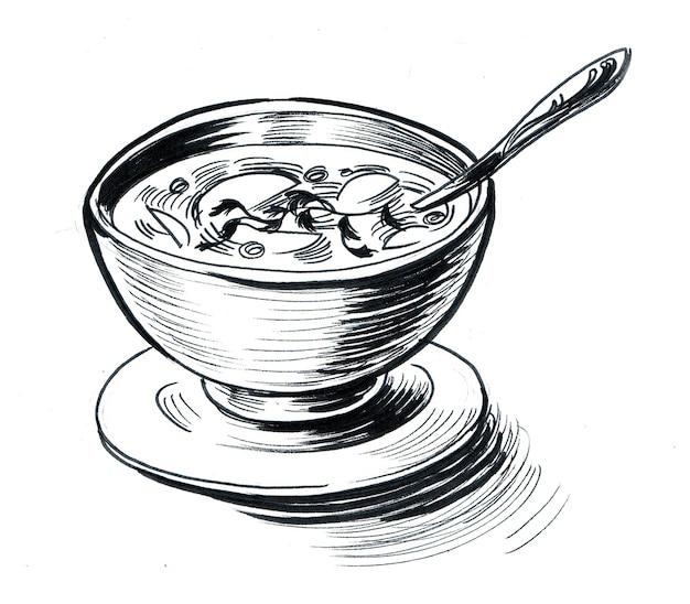 Photo bowl of soup. ink black and white drawing