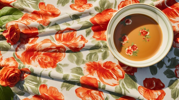 A bowl of soup is sitting on a floral tablecloth