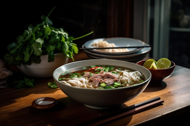 A bowl of soup is sitting on a table generative AI