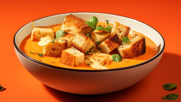 Foto una ciotola di zuppa traboccante di crouton e formaggio fuso crea un pasto confortante e delizioso