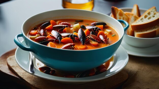 A Bowl of Soup and a Plate of Bread on a Table