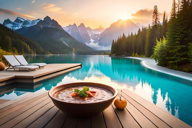 A bowl of soup sits on a deck overlooking a mountain landscape.