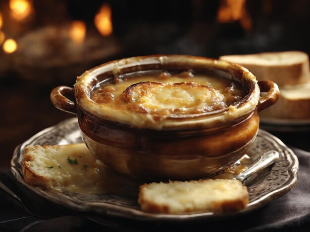 Foto una ciotola di zuppa si siede su un piatto con una pentola di zoppa.