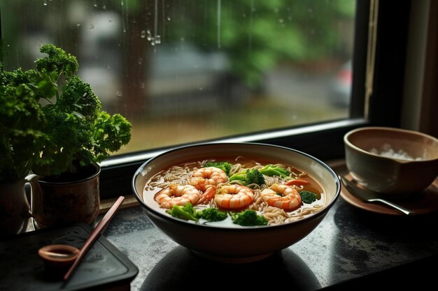 Photo a bowl of soup sitting on a counter next to a window