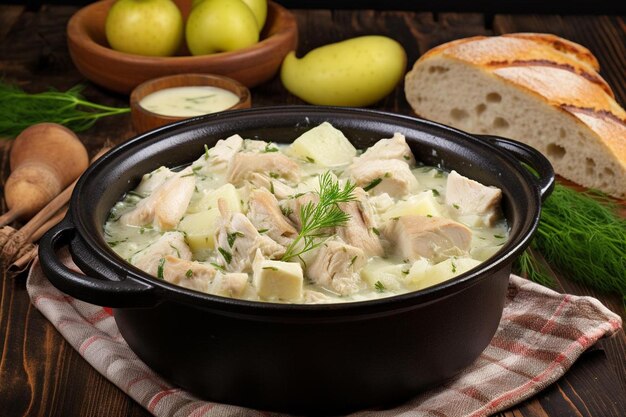 Photo a bowl of soup and some bread on a table