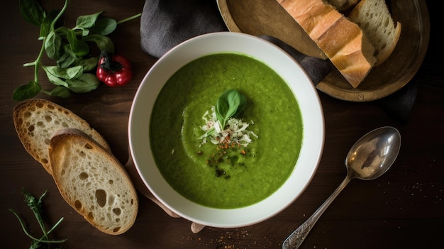 A bowl of soup with a baguette on the side