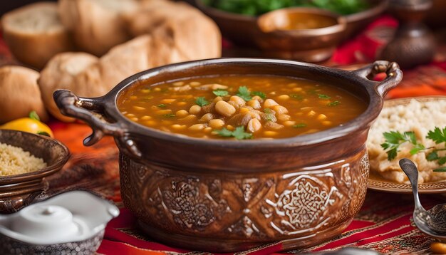 a bowl of soup with beans and a bread on the side