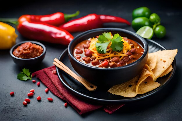 A bowl of soup with beans and chili on a black table