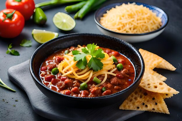 Photo a bowl of soup with beans and chips.