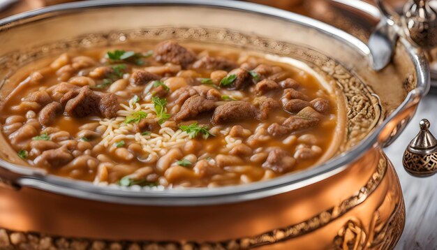 a bowl of soup with beans and rice on a table