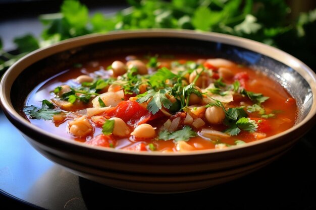 a bowl of soup with beans and tomatoes on it