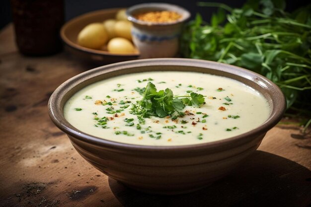 a bowl of soup with a blue and white background.