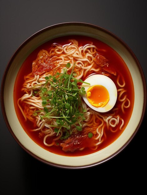 Photo a bowl of soup with a boiled egg in it