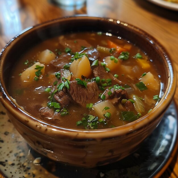 Photo a bowl of soup with a bowl of beef stew on a plate