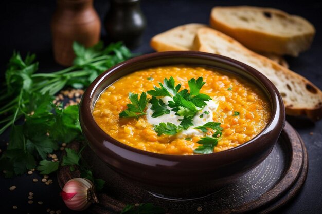 a bowl of soup with bread and parsley