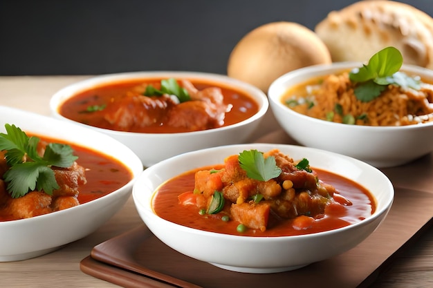 A bowl of soup with a bread on the side