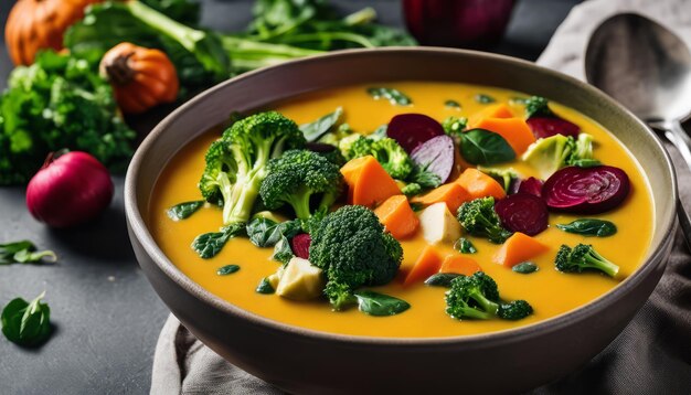 A bowl of soup with broccoli and carrots