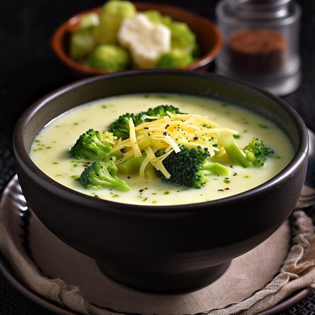 A bowl of soup with broccoli and cheese on it.