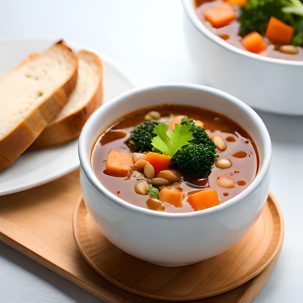 A bowl of soup with carrots and broccoli on it next to a plate of bread.