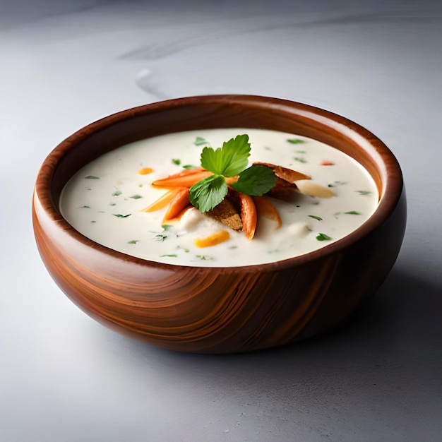 A bowl of soup with carrots and celery on top.