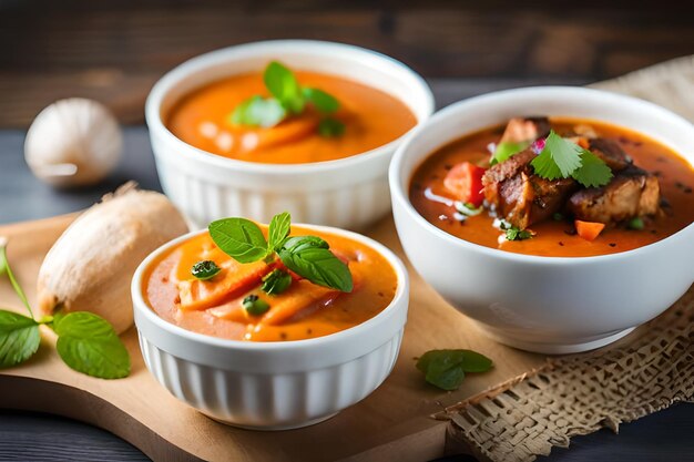 a bowl of soup with carrots and tomatoes on a wooden board.