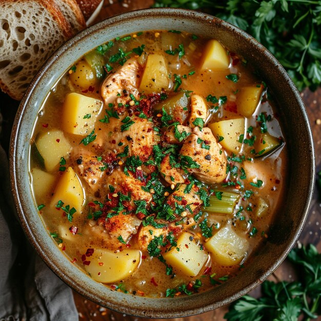 a bowl of soup with chicken and potatoes on it