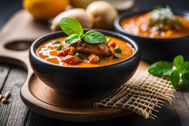 a bowl of soup with chicken and vegetables on a table.