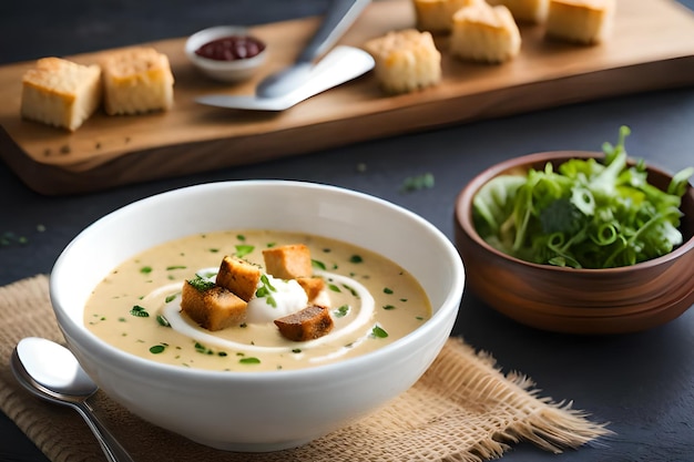 A bowl of soup with croutons and croutons