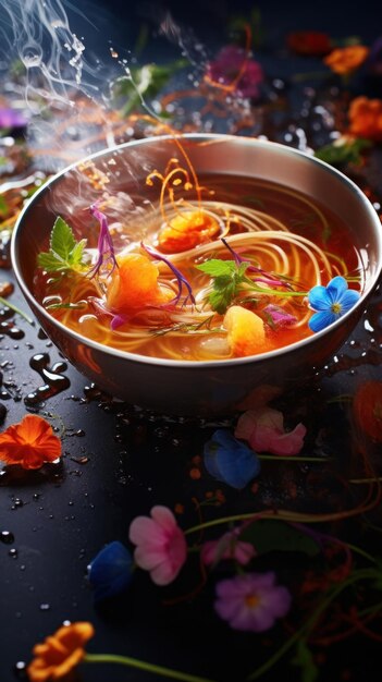 花と煙のあるスープの鉢