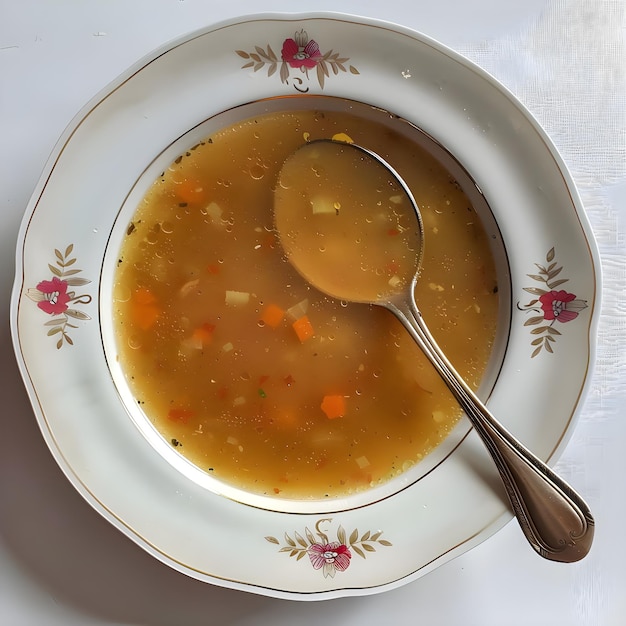 Foto una ciotola di zuppa con una forchetta e un coltello su un piatto