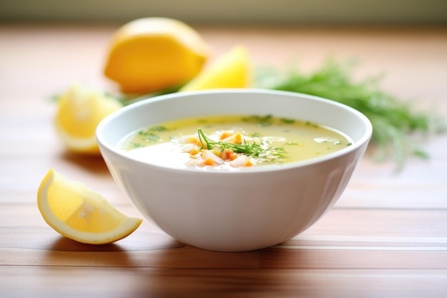 Bowl of soup with fresh thyme and lemon wedge garnishes