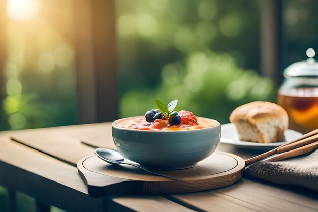 A bowl of soup with fruit on a wooden tray.