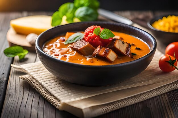 a bowl of soup with fruits and vegetables on a wooden table.