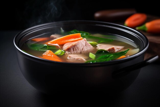 A bowl of soup with a green leaf on the top.