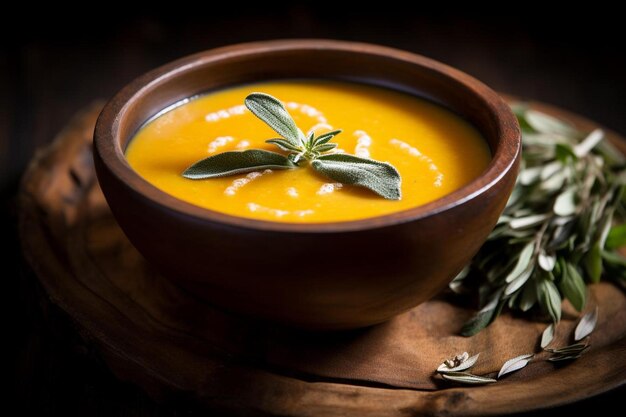 a bowl of soup with a green leaf on top.