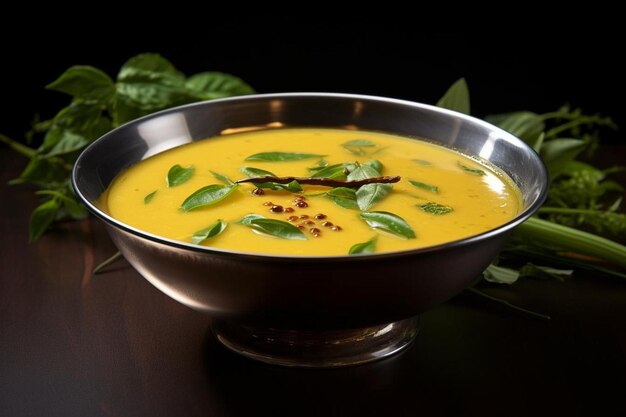 a bowl of soup with green leaves and a spoon.