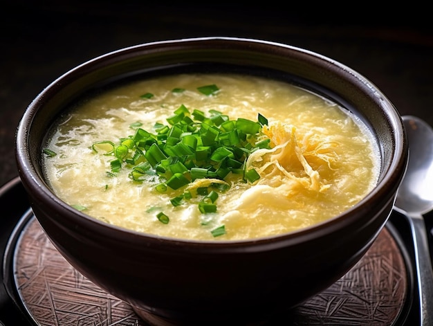 A bowl of soup with a green onion on top.