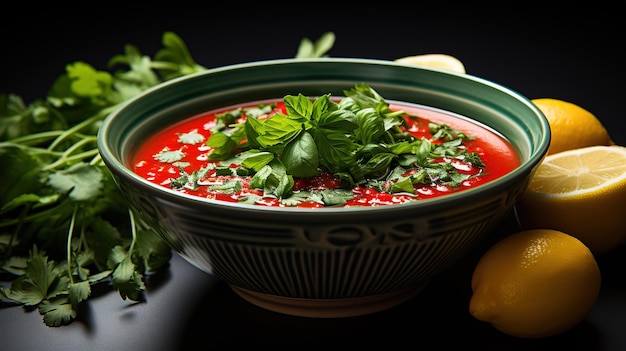 Тарелка супа с зеленым ободком и зеленым ободком.