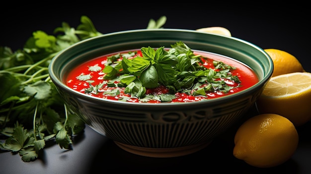 A bowl of soup with a green rim and a green rim.