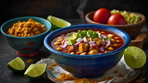 Photo a bowl of soup with a green vegetable and a bowl of chili