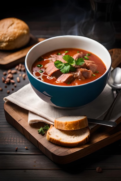 A bowl of soup with ham and sausage on a wooden board