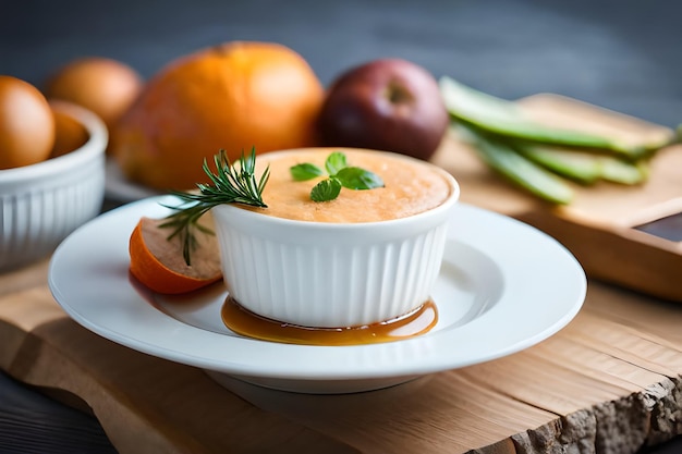 A bowl of soup with a leaf on top of it